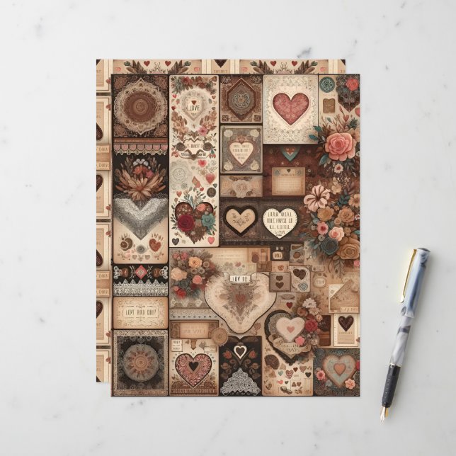 Boho Valentines Ephemera Scrapbook Paper (Front/Back In Situ)