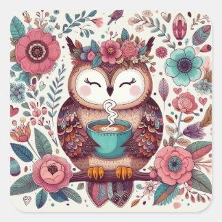 Boho Vibes: Coffee and Owl Art Cottagecore Design Square Sticker