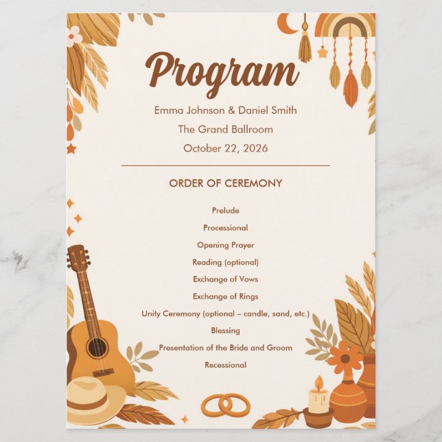 Boho Vibes Wedding Program Card (Front)