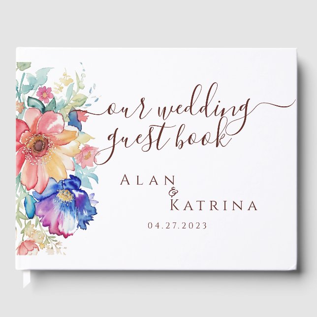 Boho Vibrant Flowers Wedding Guest Book Romantic (Front)