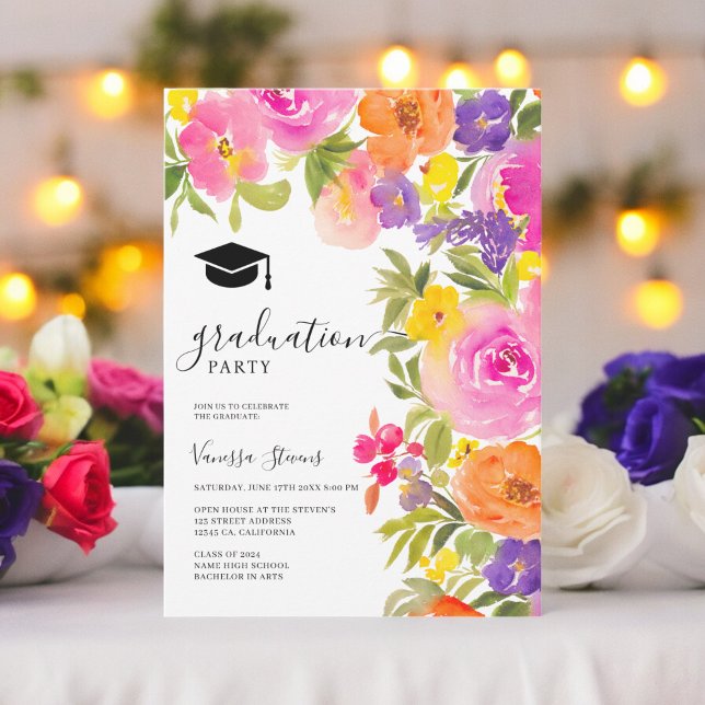 Boho vibrant garden watercolor flowers graduation invitation (Boho vibrant garden watercolor flowers graduation invitation)