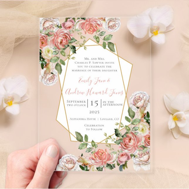 Boho Victorian Rose Geometric Gold Frame  Wedding  Acrylic Invitations (Creator Uploaded)