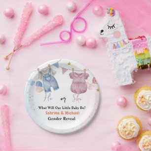 Boho Vintage Baby Clotheline Gender Reveal Party Paper Plate