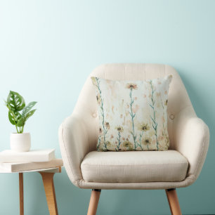 Boho Vintage Beige Wildflowers Cushion