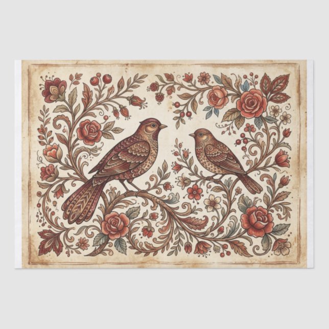 Boho Vintage Birds & Florals Tissue Paper (Front)