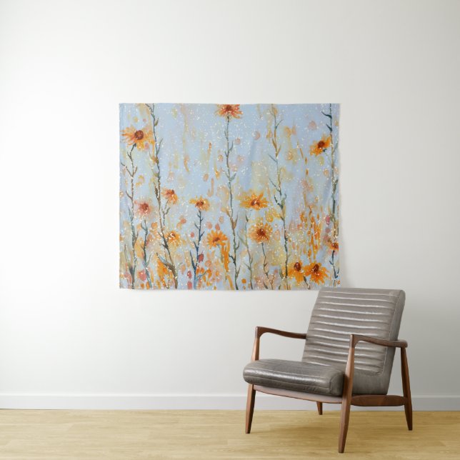 Boho Vintage Blue Wildflowers Tapestry (In Situ (Horizontal))