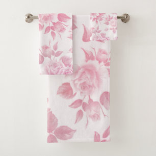 Boho vintage country chic white pink roses floral bath towel set
