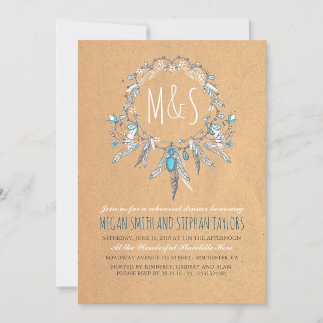 Boho Vintage Dreamcather Rehearsal Dinner Invitation (Front)
