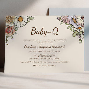 Boho Vintage Floral Beige Baby-Q BBQ Baby Shower Invitation