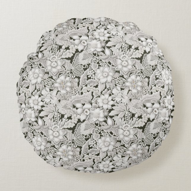 Boho Vintage Floral Lace Round Cushion (Front)