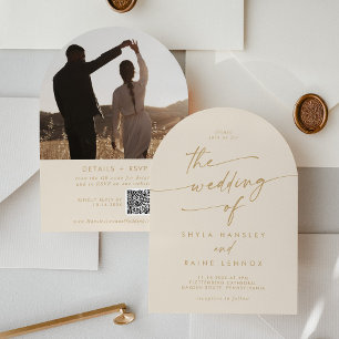 Boho Vintage Gold Photo QR Code Arch Wedding Invitation
