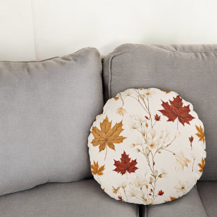Boho Vintage Maple Leaves Winter Floral Pattern Round Cushion
