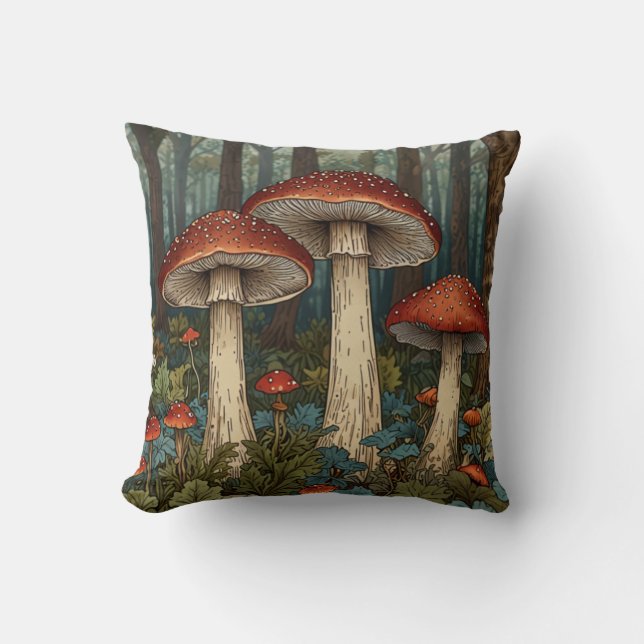 Boho vintage mushrooms woodland forest cushion (Front)
