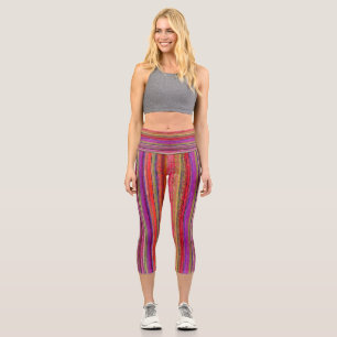 Boho Vintage Red Violet Stripes - Capri Leggings