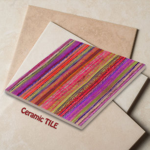 Boho Vintage Red Violet Stripes - Tile