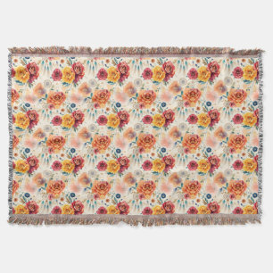 Boho vintage roses and feathers floral pattern throw blanket
