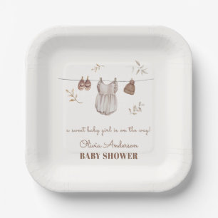 Boho Vintage Watercolor Girl Outfit Baby Shower Paper Plate