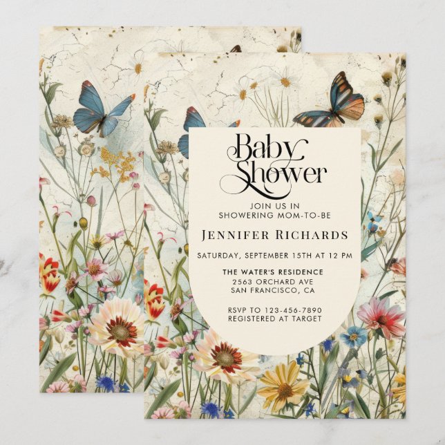 Boho Vintage Wildflower Baby Shower Invitation (Front/Back)