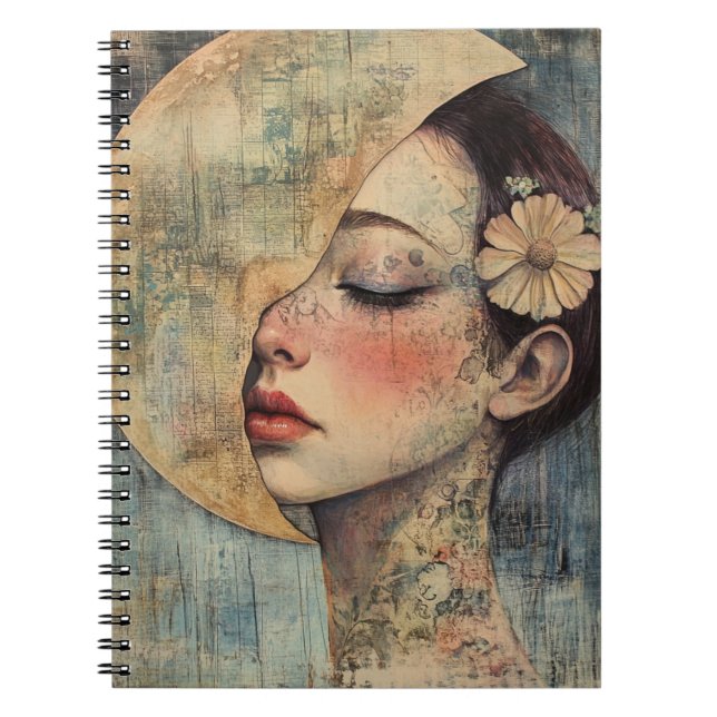 Boho Vintage Woman and Half Moon Notebook (Front)
