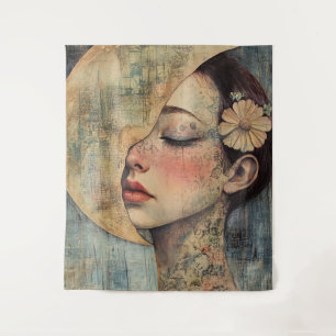 Boho Vintage Woman and Half Moon Tapestry