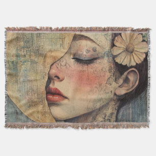 Boho Vintage Woman and Half Moon Throw Blanket