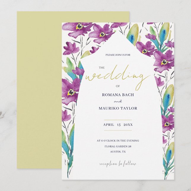 Boho Violet Turquoise Wildflowers Watercolor Art Invitation (Front/Back)