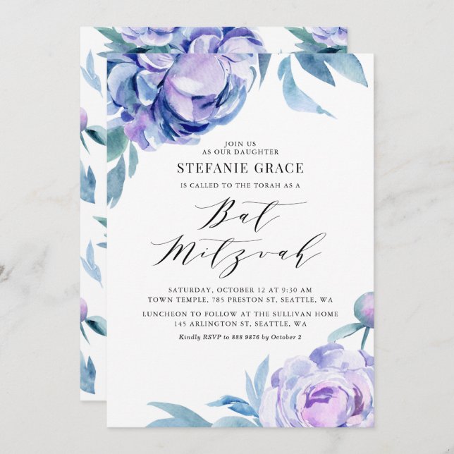 Boho Violet Watercolor Peonies Floral Bat Mitzvah Invitation (Front/Back)