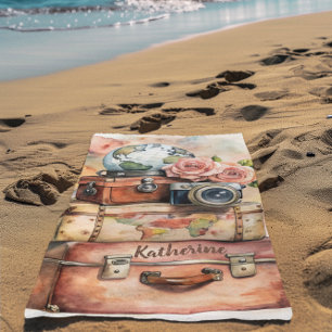 Boho Wanderlust Vintage Luggage Roses Name Beach Towel