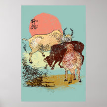 Boho water buffalos, asian style illustration