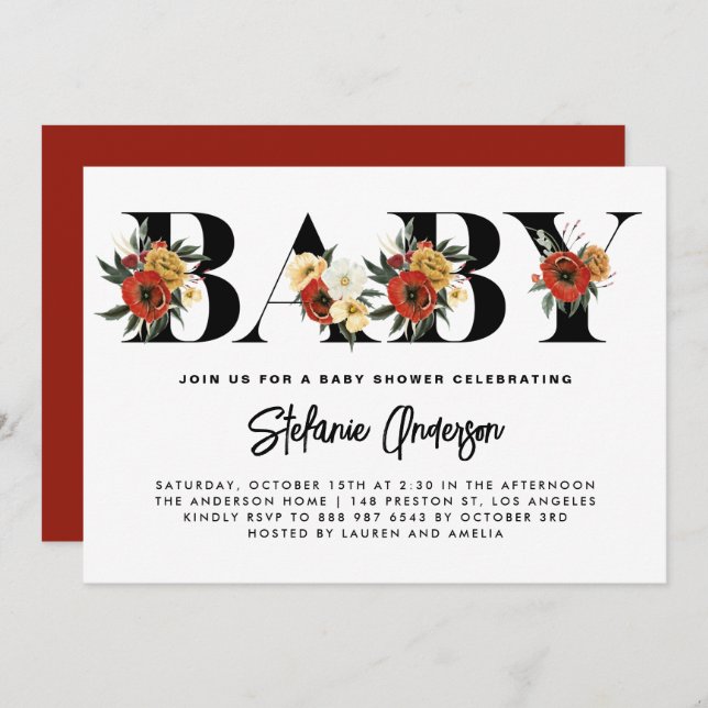 Boho Watercolor Anemone Botanical Fall Baby Shower Invitation (Front/Back)