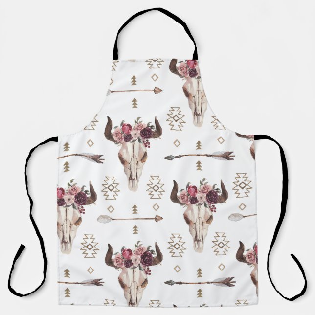 Boho watercolor: arrows, skull pattern. apron (Front)
