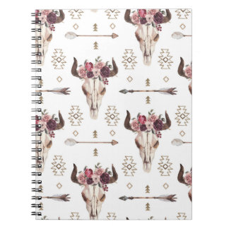 Boho watercolor: arrows, skull pattern. notebook