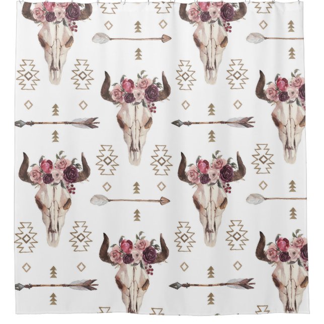 Boho watercolor: arrows, skull pattern. shower curtain (Front)
