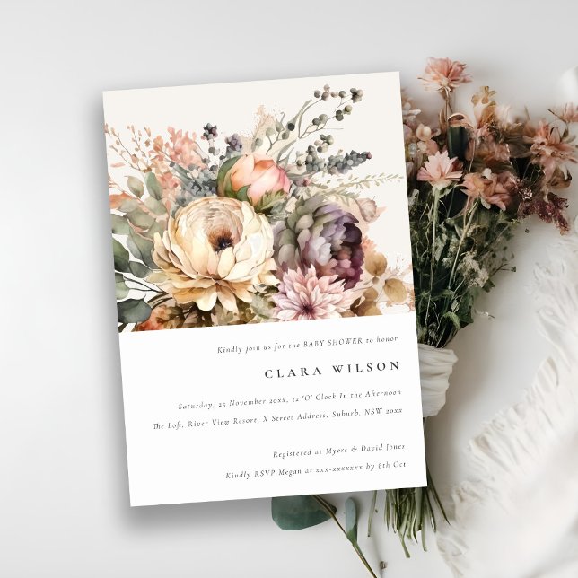 Boho Watercolor Autumn Floral Bunch Baby Shower Invitation (Creator Uploaded)
