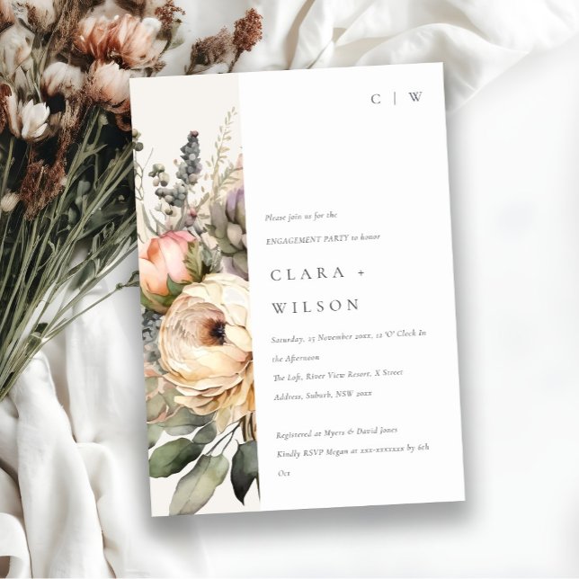 Boho Watercolor Autumn Floral Bunch Engagement Invitation (Creator Uploaded)