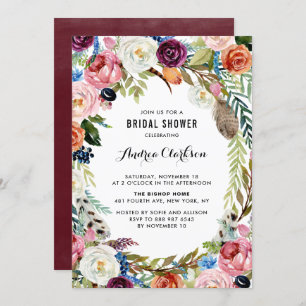 Boho Watercolor Autumn Floral Frame Bridal Shower Invitation