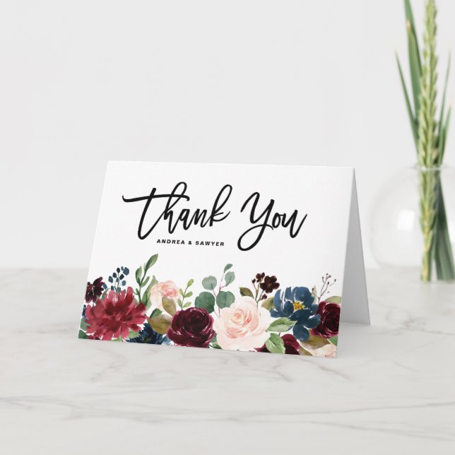 Boho Watercolor Autumn Floral Garland Thank You Card (Front)