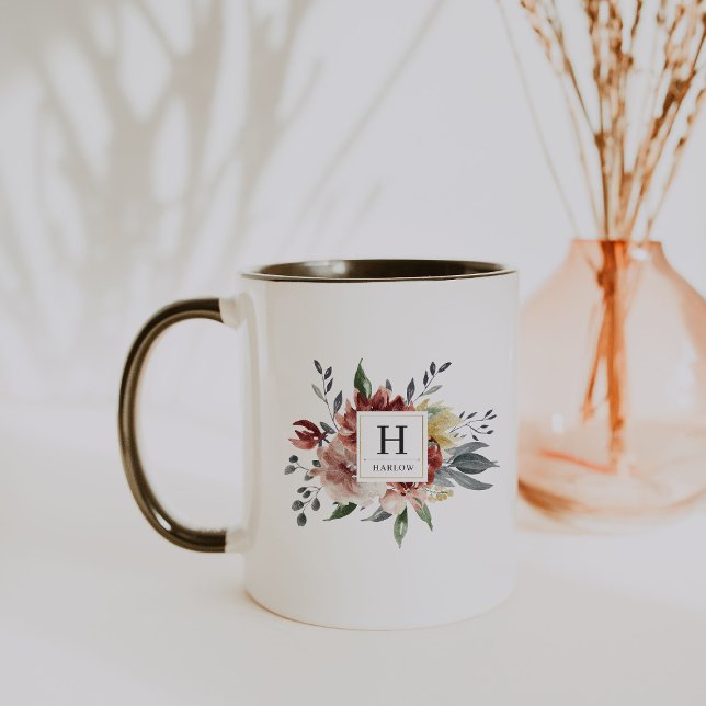 Boho Watercolor Autumn Floral Monogram Coffee Mug (Creator Uploaded)