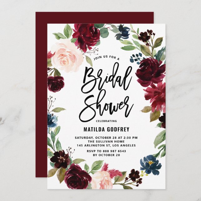 Boho Watercolor Autumn Floral Wreath Bridal Shower Invitation (Front/Back)