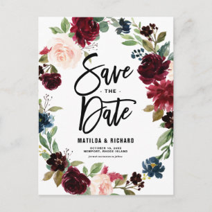 Boho Watercolor Autumn Floral Wreath Save the Date Postcard