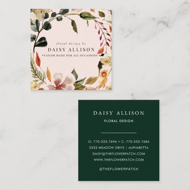 Boho Watercolor Autumn Florals Square Business Card (Front/Back)