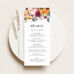 Boho Watercolor Autumn Flowers Fall Wedding Menu<br><div class="desc">Add an elegant floral accent to your event tablescape with this customisable floral menu card. It features watercolor floral garland of orange, pink, burgundy and yellow autumn flowers with eucalyptus and greenery accents. Personalise this watercolor floral menu card by adding your own details. This watercolor menu card is perfect for...</div>