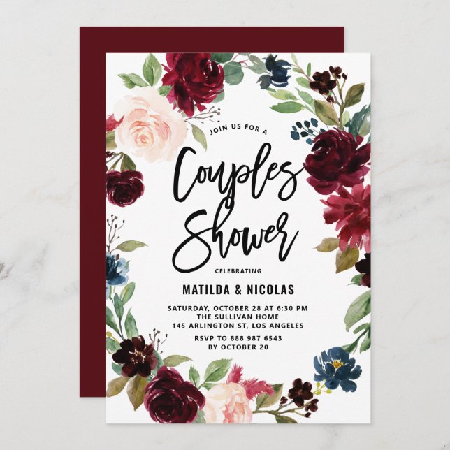 Boho Watercolor Autumn Wreath Couples Shower Invitation (Front/Back)