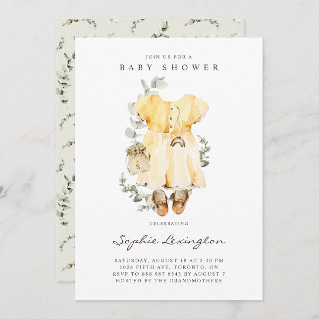 Boho Watercolor Baby Dress Eucalyptus Baby Shower Invitation (Front/Back)