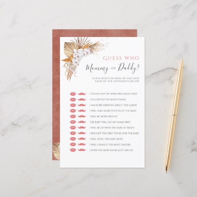 Boho Watercolor Baby Shower Game Mum Or Dad (Front/Back In Situ)