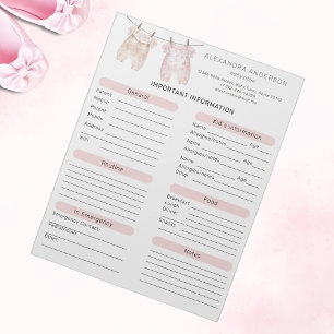 Boho Watercolor Babysitter Info Sheet Notepad