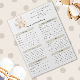 Boho Watercolor Bear Babysitter Info Sheet Notepad