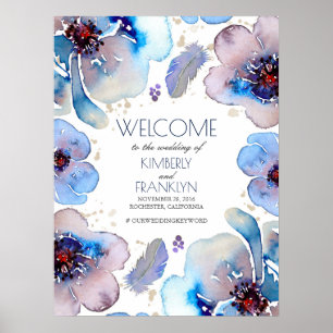 Boho Watercolor Blue Flowers Wedding Welcome Sign