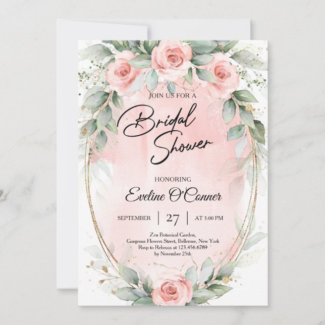 Boho watercolor blush flowers eucalyptus and gold invitation (Front)