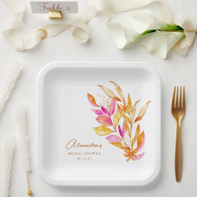 Boho Watercolor Botanical Pink Gold Bridal Shower Paper Plate (Wedding)